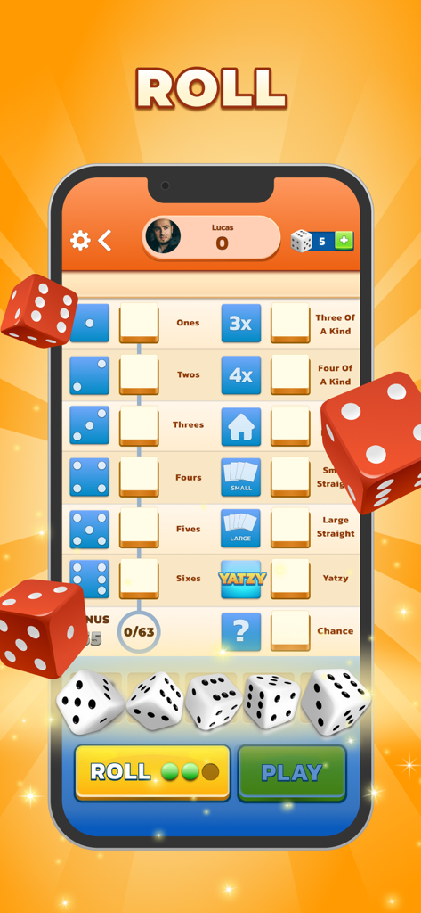 Yatzy - The Classic Dice Game - Écran de jeu de Yatzy montrant un tableau de scores et des dés lancés sur un appareil mobile