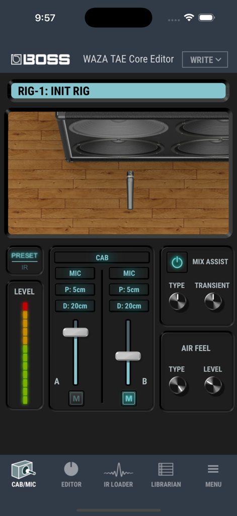 WAZA TAE Core Editor - Interfaz de WAZA TAE Core Editor para ajustar la colocación del gabinete virtual y del micrófono.