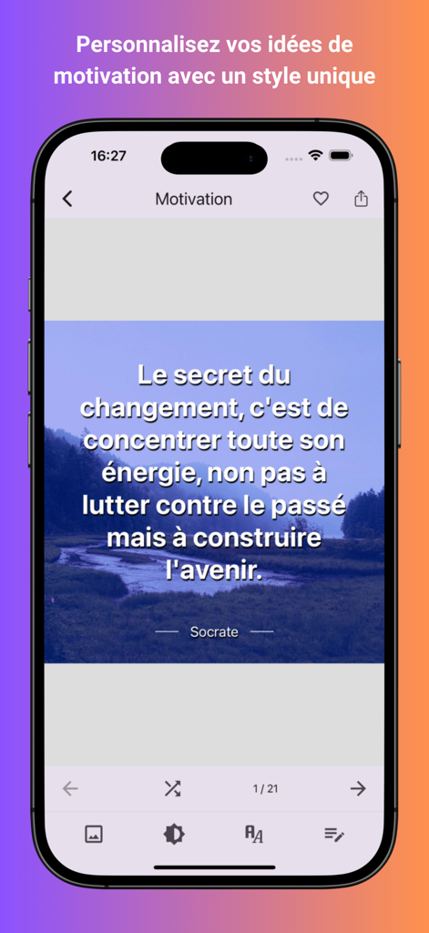 Smartphone screen showing the design editor of the Motivation for leaders app with a quote by Socrates over a nature background