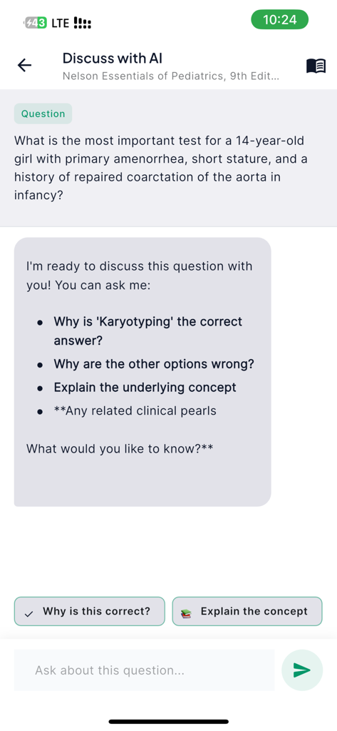 MEDGPTx - Interfaz de la aplicación MEDGPTx que muestra una discusión de caso médico con un asistente de IA sobre diagnóstico pediátrico