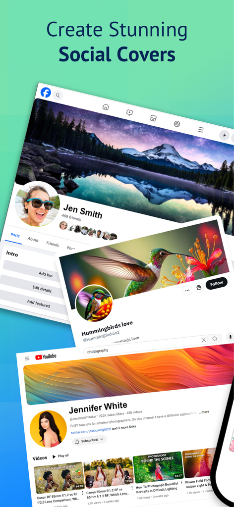 Cover Creator Pro, Cover Maker - Examples of custom Facebook and YouTube header covers created with Cover Creator Pro.