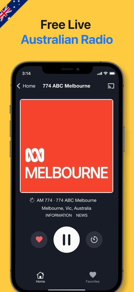 Radio‎‎ App Australia - A mobile interface for Radio App Australia showing the live playback screen for ABC Melbourne radio station