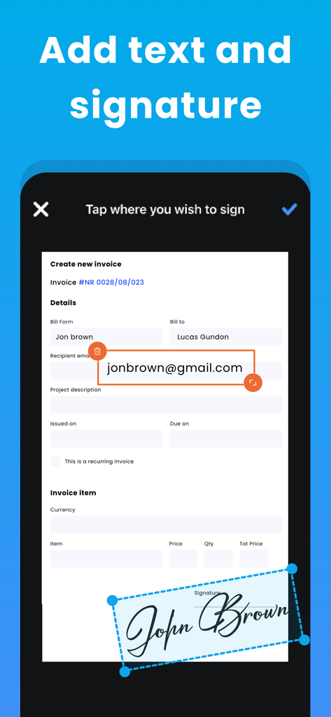 PDF PRO Scan Image & Documents - Mobile app interface for adding text and a handwritten signature to a digital invoice