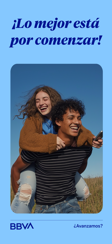 BBVA Perú | Banca Móvil - Écran d'accueil de l'application BBVA Pérou montrant un couple heureux en extérieur