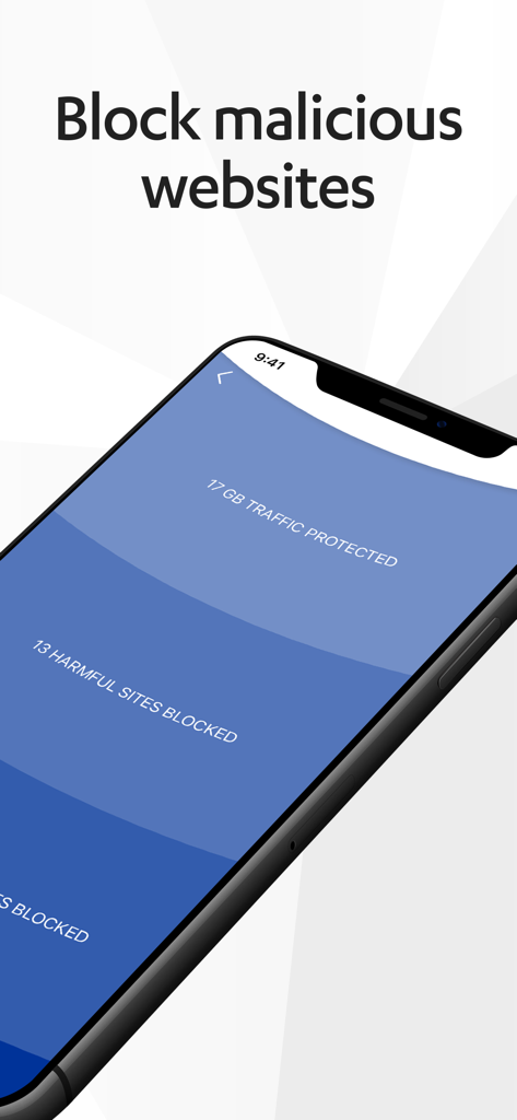Interfaz de F-Secure FREEDOME VPN mostrando sitios dañinos bloqueados y estadísticas de datos protegidos