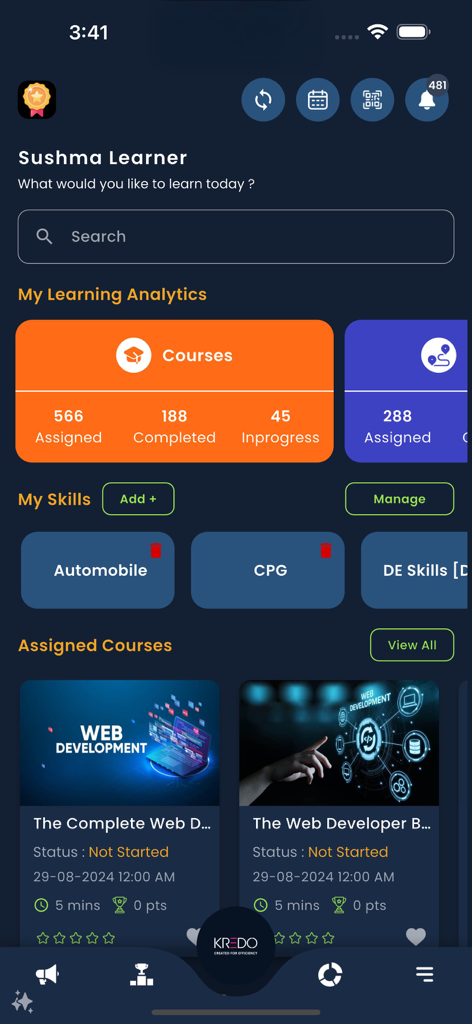 KREDO app home screen featuring learning analytics, skills sections, and assigned microlearning courses.