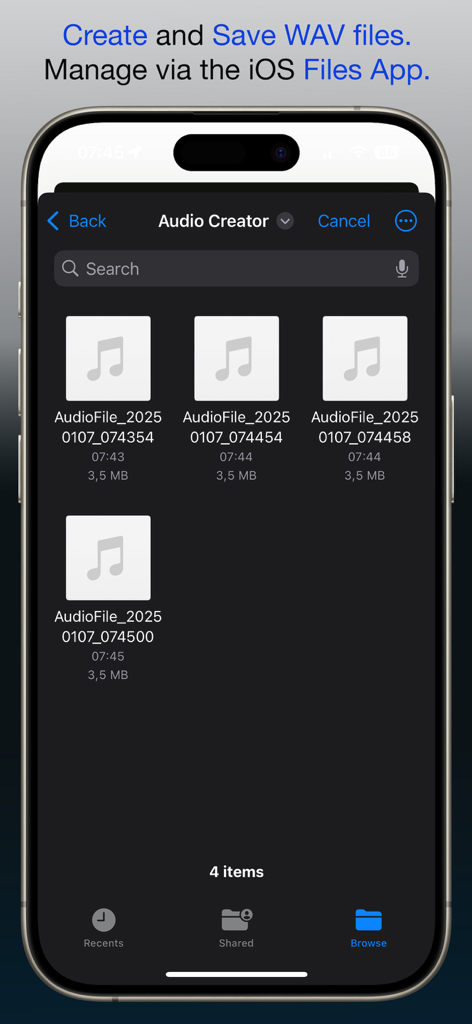 iPhone screen showing generated WAV audio files being managed within the iOS Files App