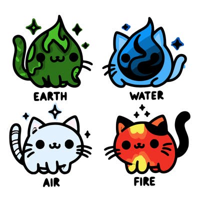 4 cats that represent the different elements, earth, water, air, and fire
