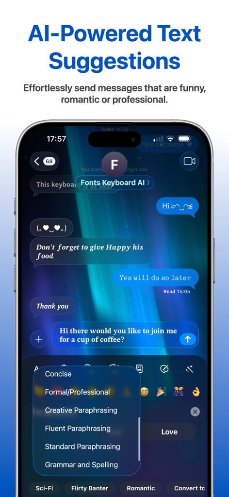 A smartphone displaying the Fonts Keyboard AI interface with a menu for AI-powered text suggestions including options like formal, concise, and creative paraphrasing.
