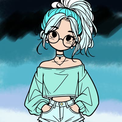 girl with a messy ponytail glasses a baggy crop top and jean shorts