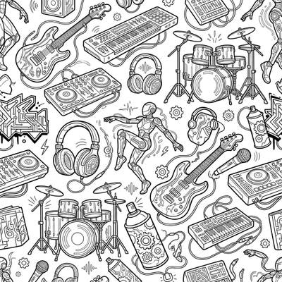 Dive into a vibrant future with this captivating Cyberpunk Music & Arts seamless pattern. This intricate design blends high-tech instruments and dynamic robotic dancers, perfect for a modern coloring adventure.