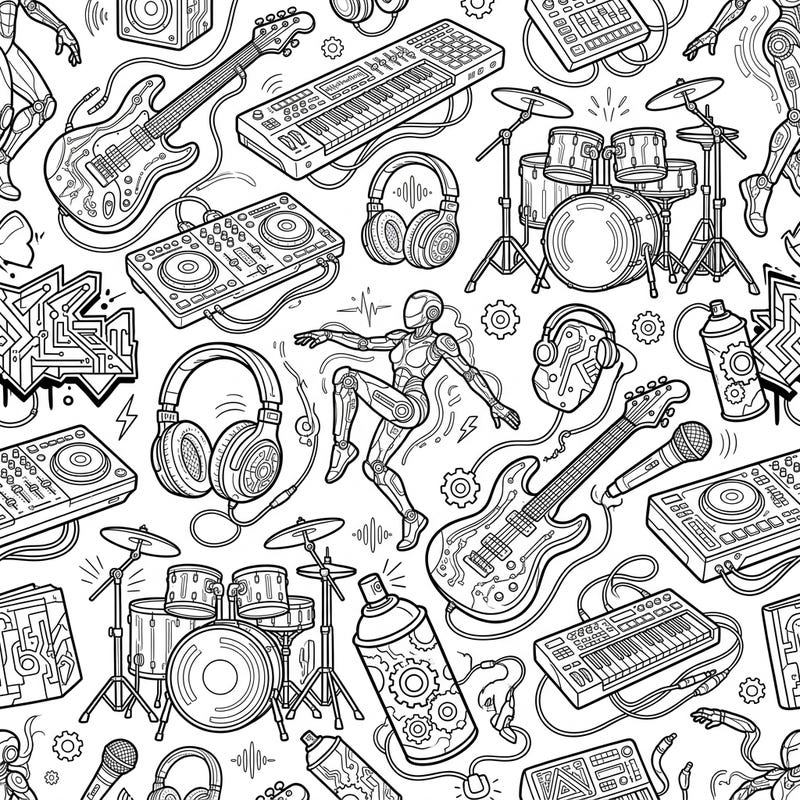 Dive into a vibrant future with this captivating Cyberpunk Music & Arts seamless pattern. This intricate design blends high-tech instruments and dynamic robotic dancers, perfect for a modern coloring adventure.