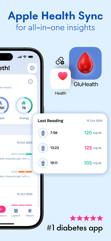 GluHealth app screenshot showing integration with Apple Health and a list of recent blood glucose readings in mg per dL.
