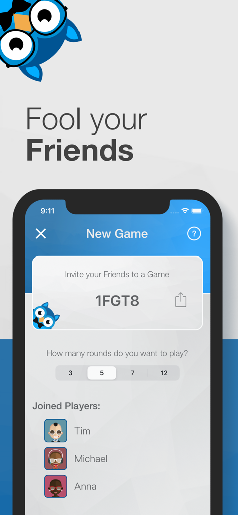 Finto app interface for starting a new game and inviting friends with a game code