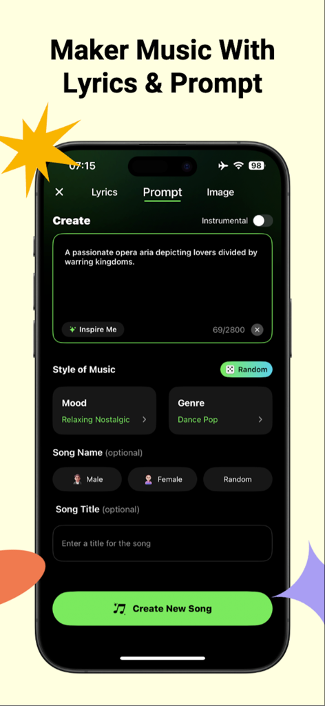AI Song Generator & Song Maker - Interfaz del Generador de Canciones IA para crear música a partir de una indicación de texto y selección de género.