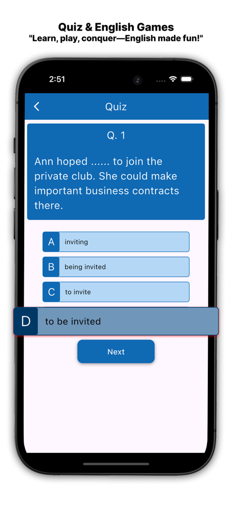 Interactive multiple choice grammar quiz in the AI English Dictionary app