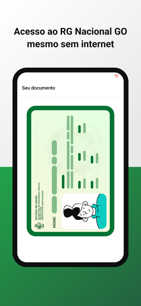 RG Nacional GO - Smartphone screen showing the digital identity card for RG Nacional GO with offline availability.