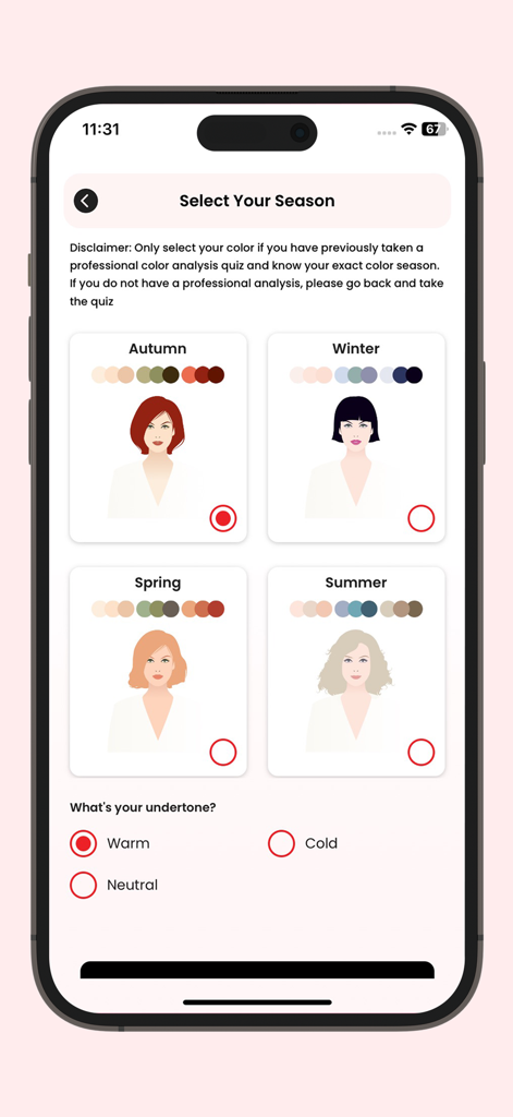 Ai Stylist App - Tela do App Ai Stylist para selecionar paletas de cores sazonais e tons de pele.