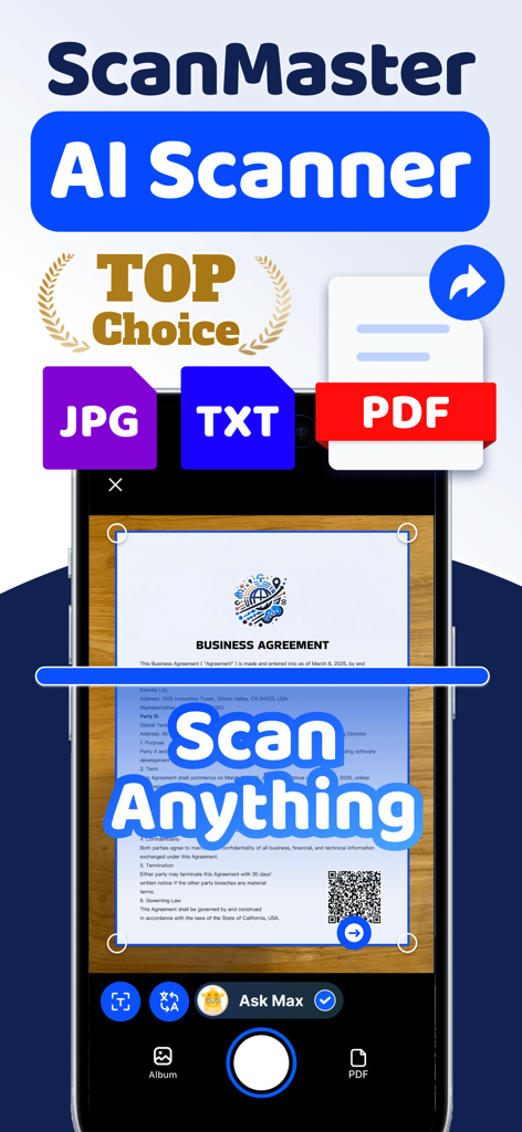 Scanner App: ScanMaster - ScanMaster AI Scanner app interface scanning a business agreement document into PDF, TXT, or JPG formats.