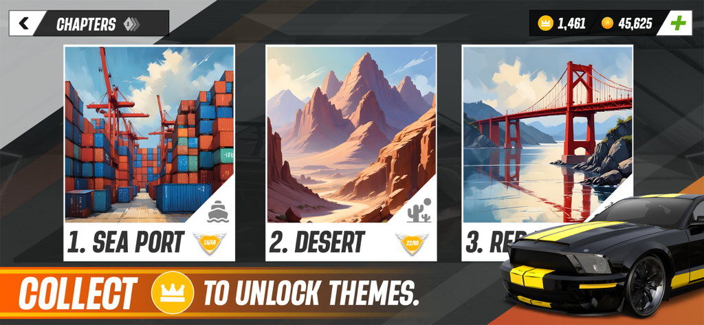 Car Crash Games - derby,beamng - Chapter selection menu in Car Crash Games showing Sea Port and Desert levels with a black muscle car