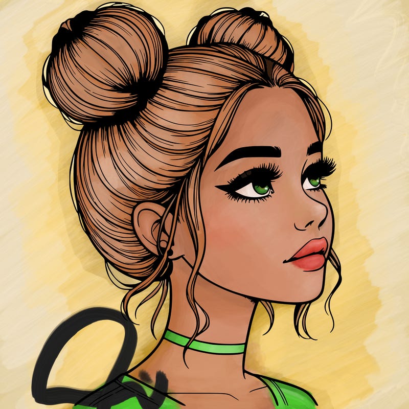 realistic girl with buns on the top of her head