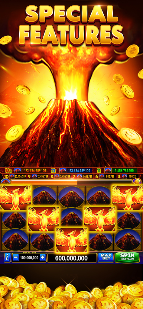 Superb Casino - A mobile slot game screen from Superb Casino featuring an erupting volcano and fiery phoenix symbols.