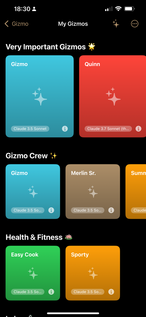 La pantalla Mis Gizmos en la aplicación Gizmo Evo mostrando un panel de asistentes de IA personalizados categorizados en grupos como Salud y Fitness y Gizmos Muy Importantes