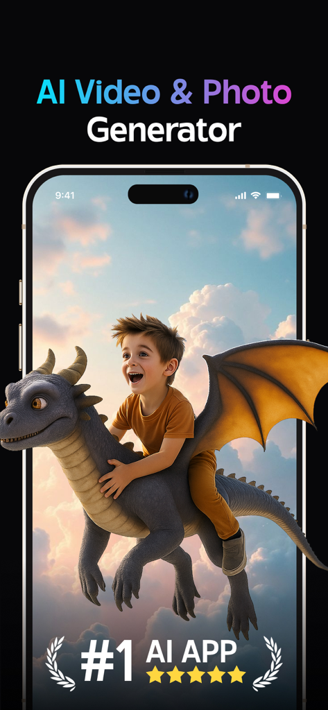 KI-Video- und Fotogenerator-App-Screenshot, der einen jungen Jungen zeigt, der auf einem grauen Drachen durch einen Sonnenuntergangshimmel reitet