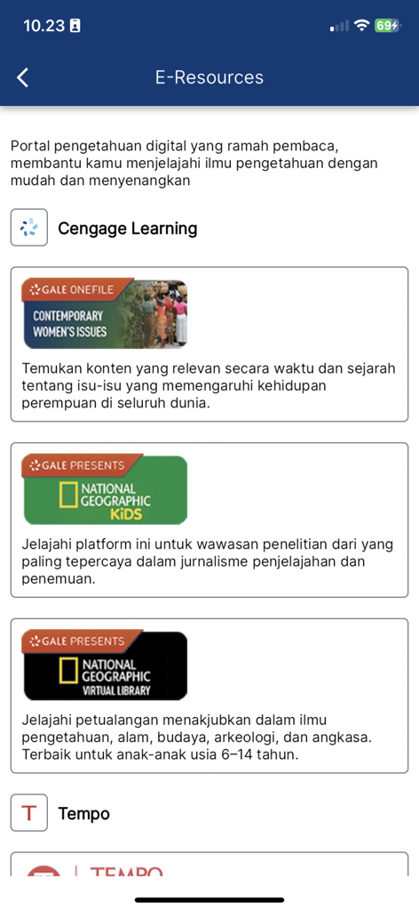 E-Resources screen of the Jaklitera mobile app showing digital learning platforms including National Geographic and Cengage Learning.
