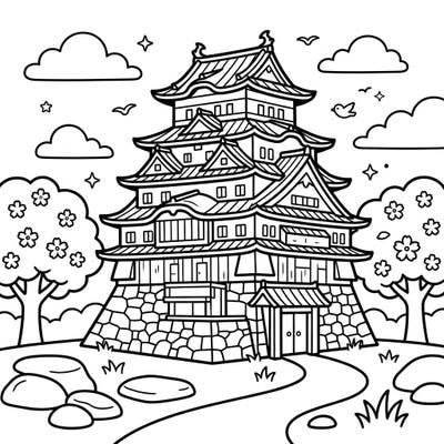 Embark on a creative journey with this delightful Japanese castle coloring page, specially designed for toddlers. Its thick lines and large spaces make it perfect for little hands to explore colors and develop fine motor skills.