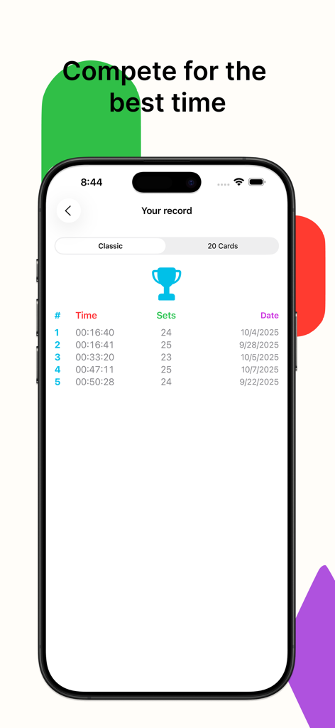 Set Game – Classic Card Puzzle - Set Game records screen displaying a list of best times and completed sets