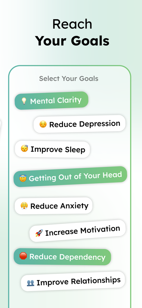 Clear30: Quit Smoking Weed - Clear30 app goal selection screen for mental clarity and reducing dependency