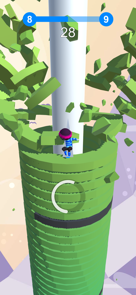 Stack Jump Ball - A character smashing through green platforms in the Stack Jump Ball mobile game