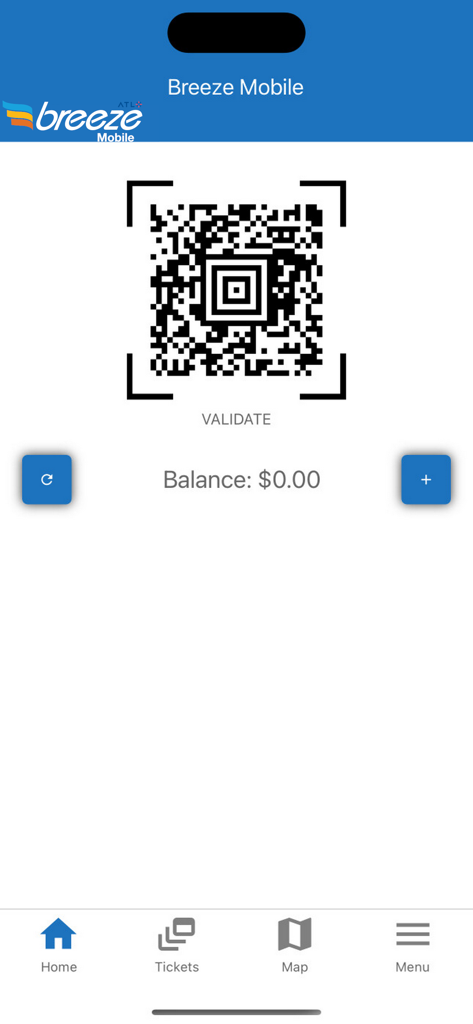 Interface do aplicativo Breeze Mobile 2 com um código QR para validação de trânsito MARTA e saldo da conta