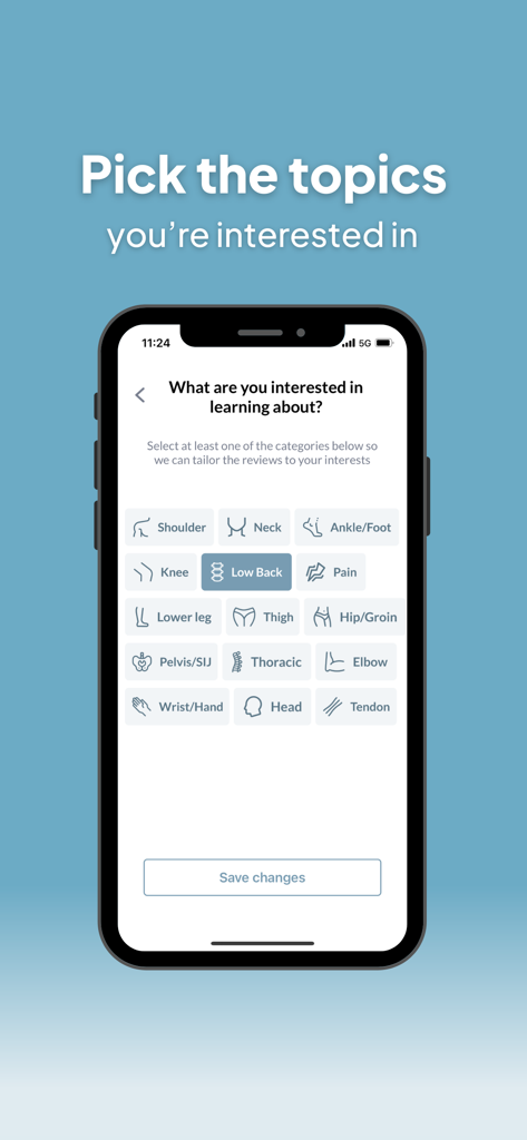 Physio Network - Pantalla de la aplicación Physio Network para seleccionar temas clínicos de interés como hombro, cuello y zona lumbar