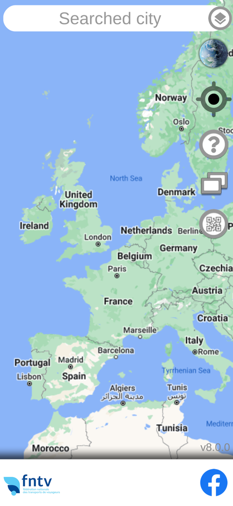 Map screen of the Buspark Europe app showing parking locations across Europe