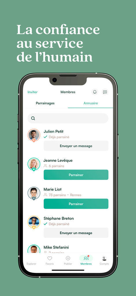 Mobile app screen showing a directory of verified members with options to message or sponsor individuals in a trusted network