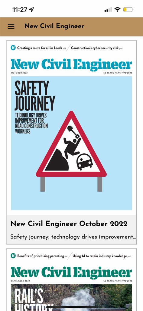 Mobile app screen showing the New Civil Engineer magazine October 2022 issue cover