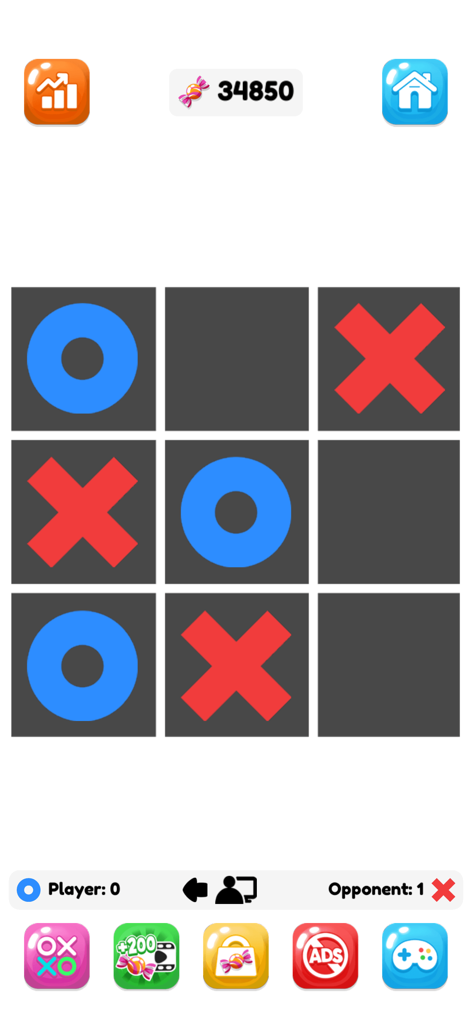 Tic Tac Toe: XOXO - A game of Tic Tac Toe in progress featuring blue circles and red crosses on a dark gray grid with player scores and candy counter.