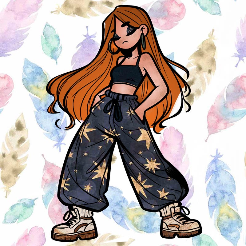 girl in baggy pants crop top and long hair