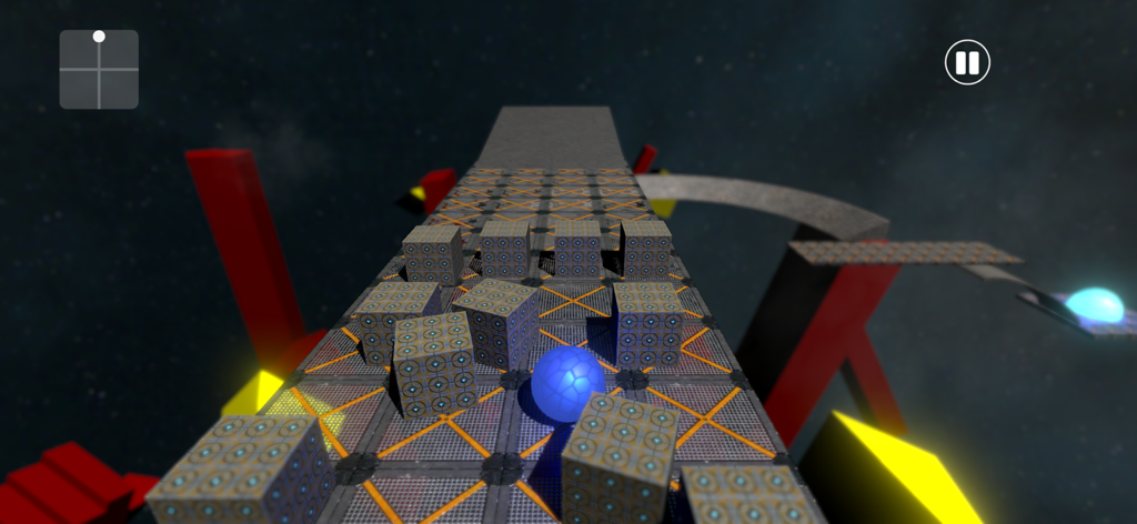 Rollz -Adventure Rolling Ball - A blue ball rolling on a metallic platform with cube obstacles in a space environment