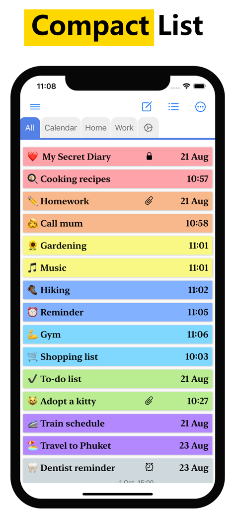 Una captura de pantalla de la aplicación WeNote que muestra una lista compacta de notas y recordatorios codificados por colores en un iPhone.