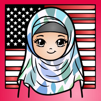 a muslim woman with a veil and an american flag behind her realsitic