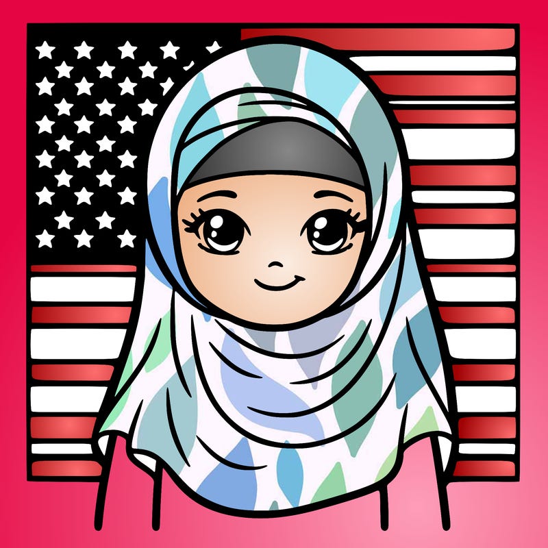 a muslim woman with a veil and an american flag behind her realsitic
