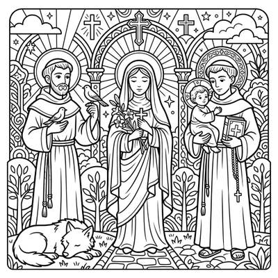 Immerse yourself in a beautiful spiritual experience with this intricate coloring page featuring revered Christian saints. Perfect for fostering reflection and creativity, this design offers a detailed artistic journey for colorists of all ages.