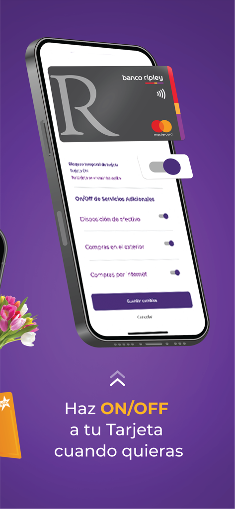 Banco Ripley Peru mobile app interface showing a credit card with on off toggles for various services like international purchases and internet shopping