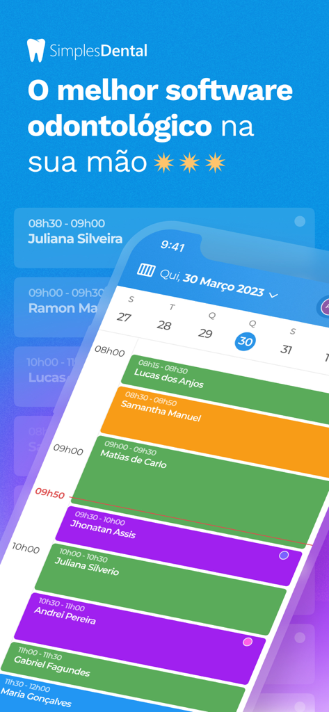 Simples Dental - Agenda Odonto - Vista del calendario de citas diarias en la aplicación móvil Simples Dental