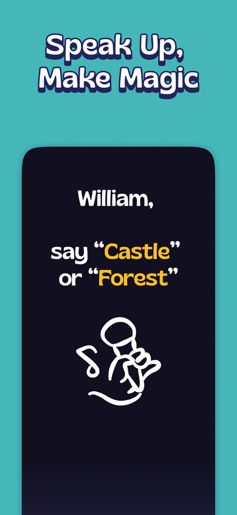Boon - Stories for Kids - Boonアプリからのパーソナライズされた音声プロンプト画面。城か森のようなストーリーオプションの選択を子供に尋ねています。