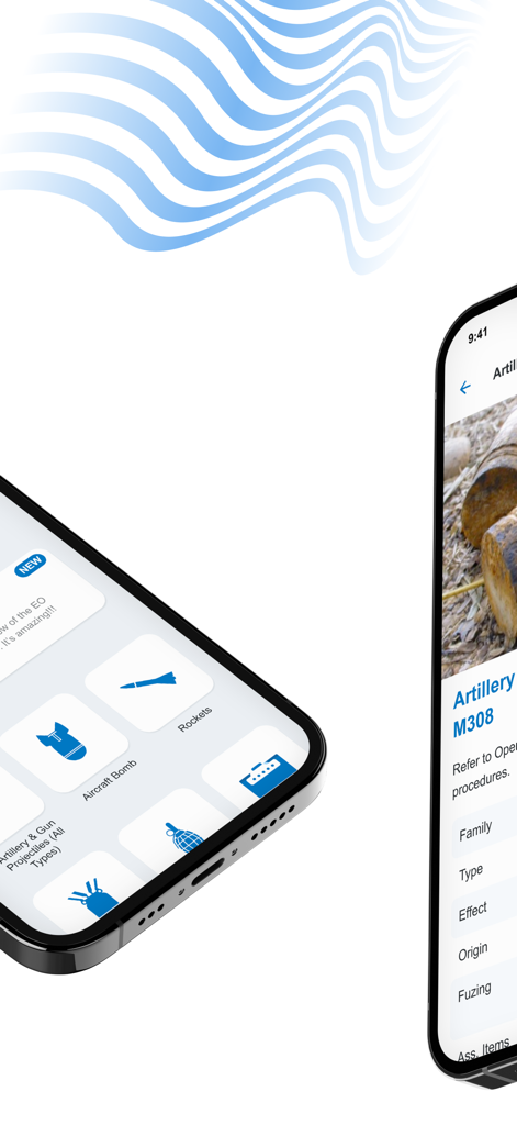 HI-EO - HI-EO app interface showing categories of explosive ordnance and technical details for an artillery shell.