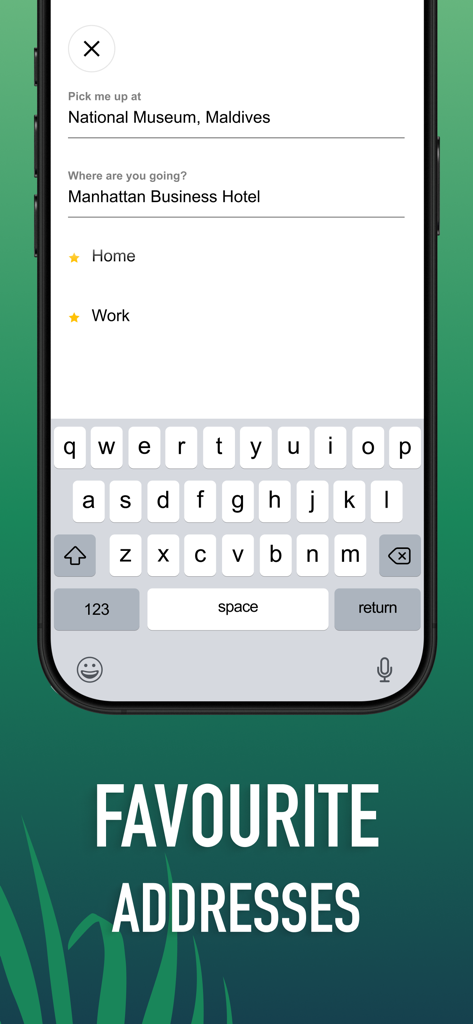 Maldives Rides: Nala Taxi - Interface do aplicativo Nala Taxi mostrando o recurso de endereços favoritos para reserva rápida de corridas nas Maldivas